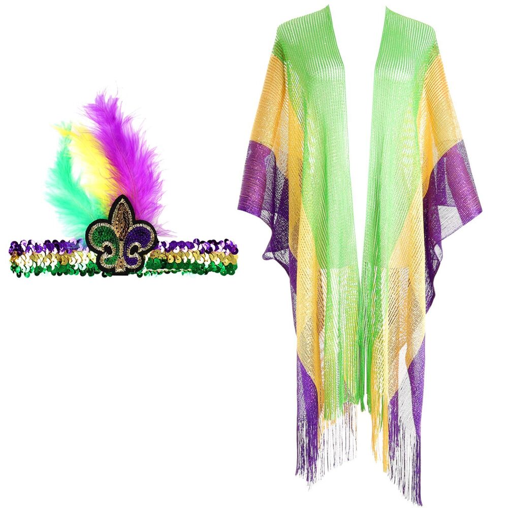 5285 2 Pcs Mardi Gras Shawl Scarf Mardi Gras Poncho Mardi Gras